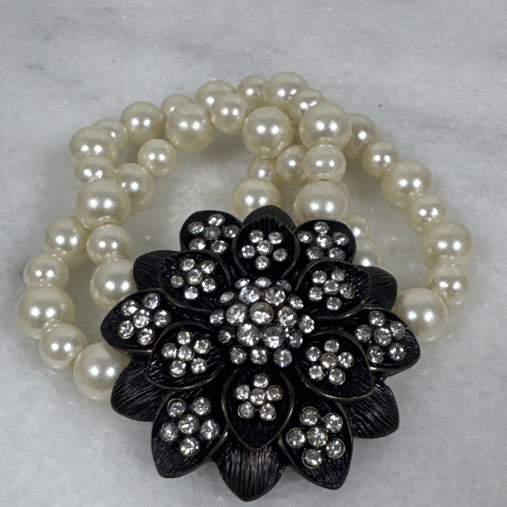 Vintage Triple Strand Faux Pearl, Large Rhinestone Flower Bracelet